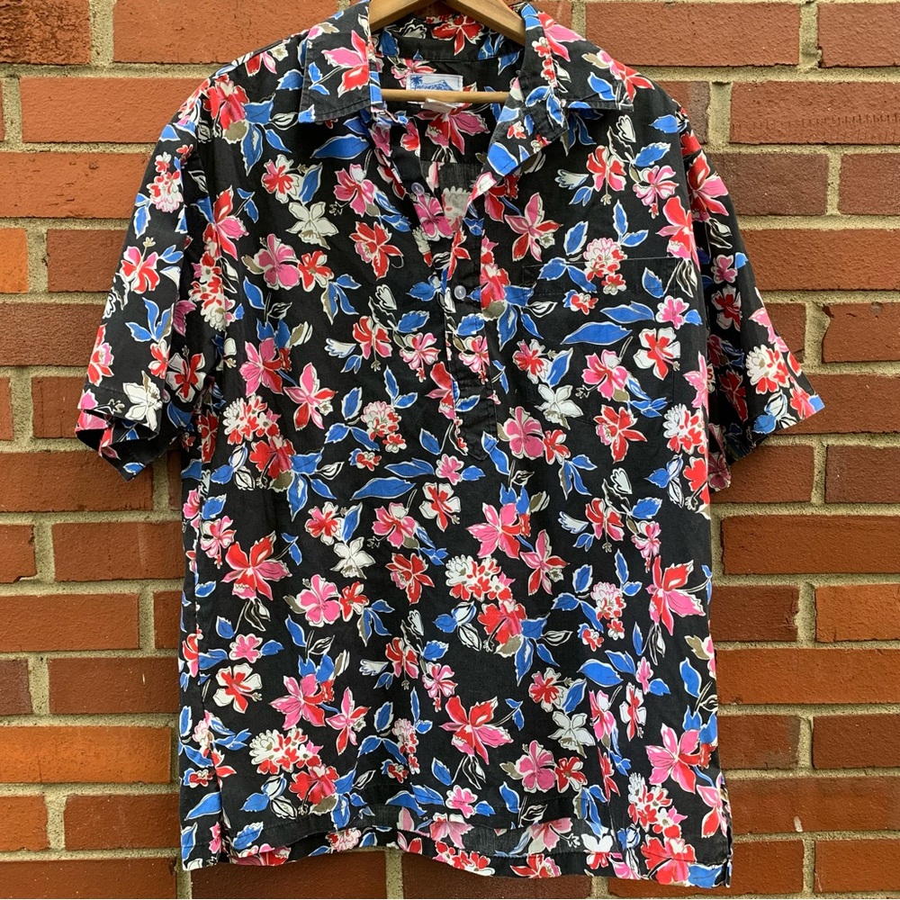 Vintage original blue, pink and white floral short sleeve Hawaiian luau shirt- L